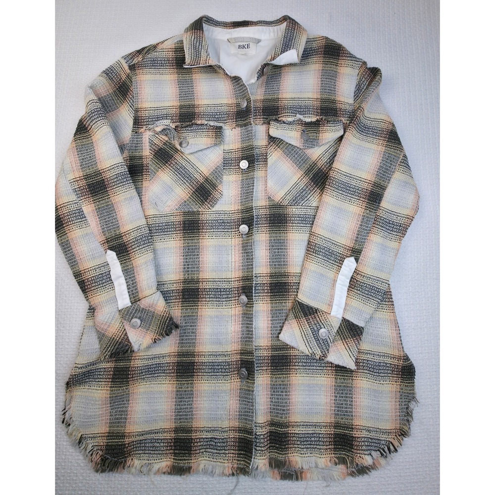 BKE Plaid Shacket Women Large Multi-Color Raw Hem Waffle Knit Excellent
